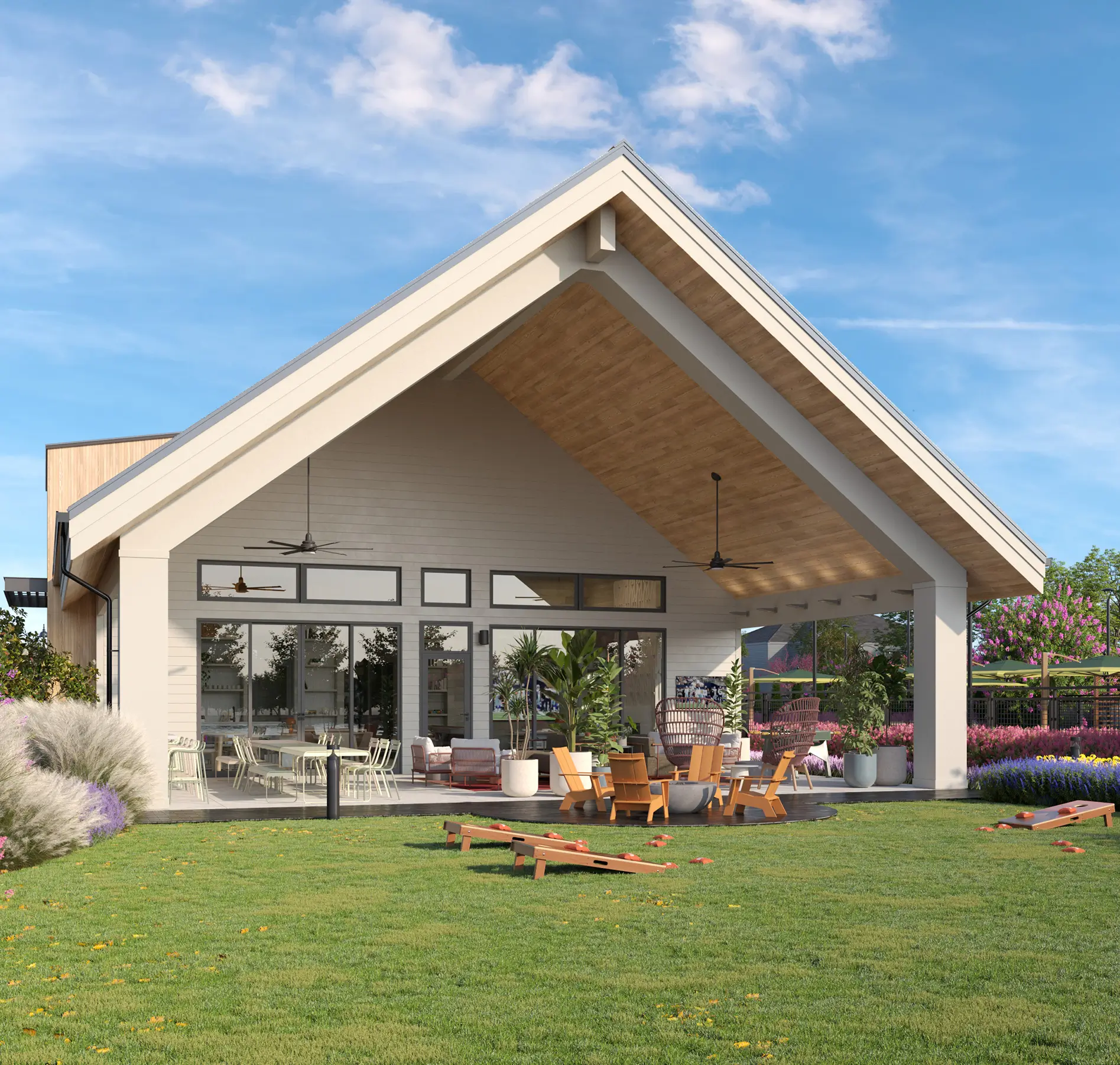 outdoor courtyard with yard games