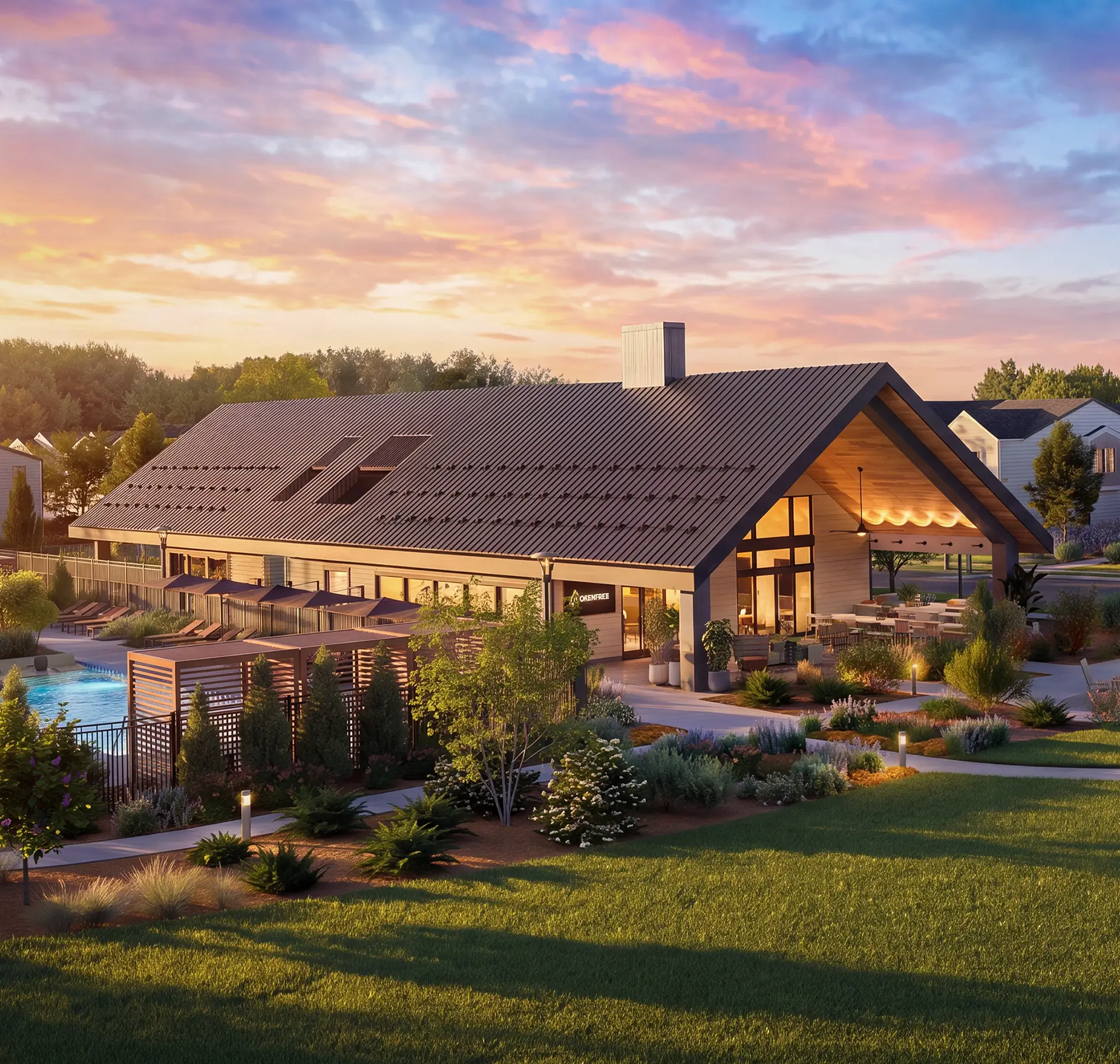 Clubhouse with a pitched roof at sunset